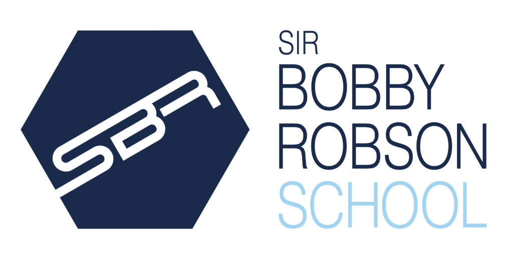 Sir Bobby Robson School Logo (dark blue hexagonal block containing SBR and the text Sir Bobby Robson adjacent)