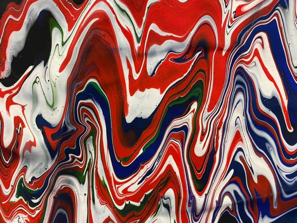 Art work by pupil - oil paint swirls in red white and blue